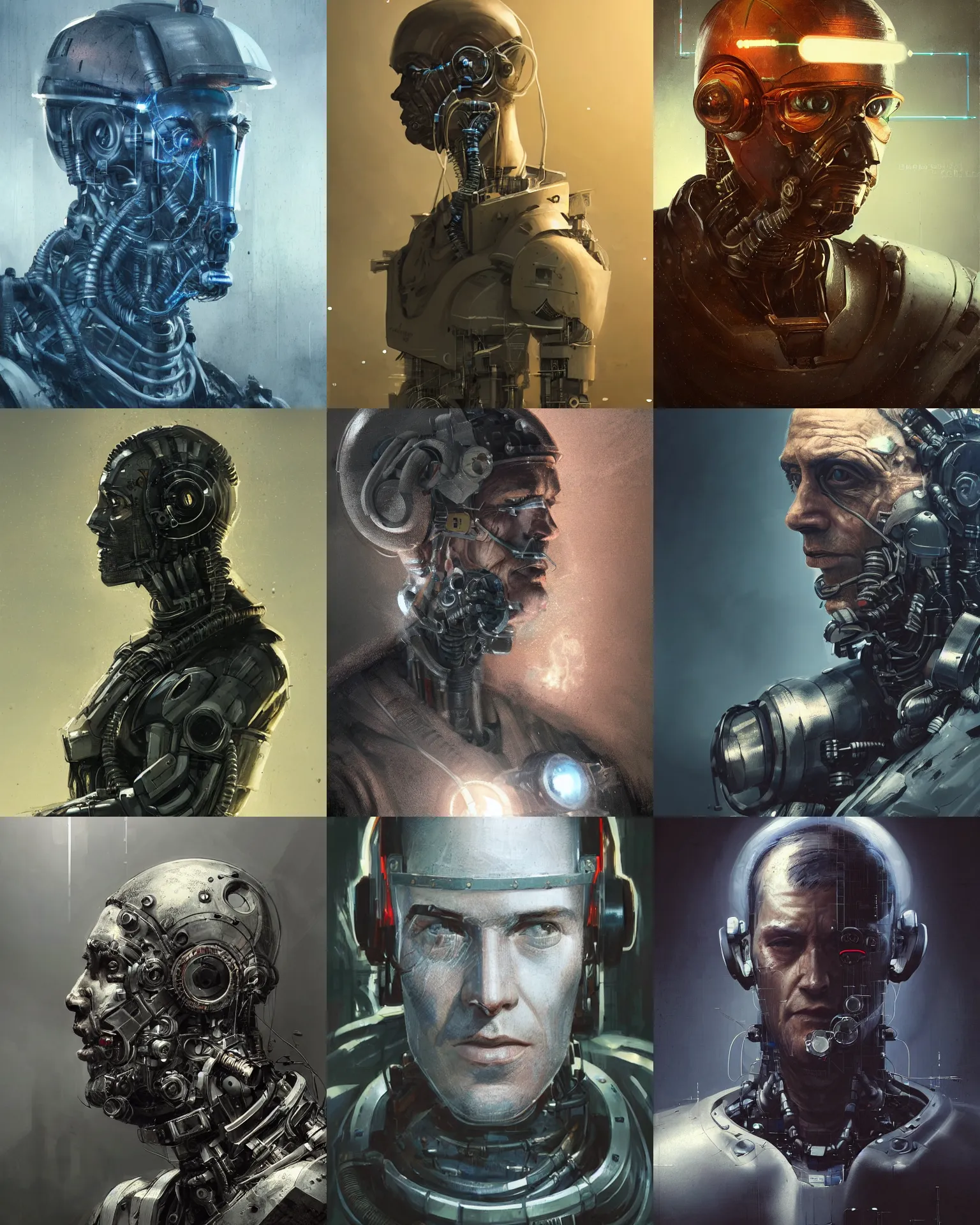 Prompt: a half - masked rugged laboratory engineer man with cybernetic enhancements as seen from a distance, scifi character portrait by greg rutkowski, esuthio, craig mullins, 1 / 4 headshot, cinematic lighting, dystopian scifi gear, gritty, profile picture, mechanical, cyborg, half robot, implants, dieselpunk