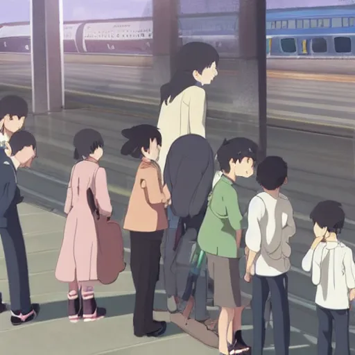 Image similar to A family saying goodbye to their children at a busy plane train station, by Dice Tsutsumi, Makoto Shinkai,