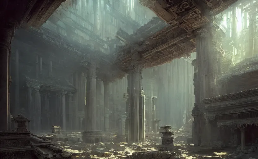 Image similar to The interior of an mytical and ancient temple in ruins, intricate, elegant, volumetric lighting, digital painting, highly detailed, artstation, sharp focus, illustration, concept art, ruan jia, steve mccurry