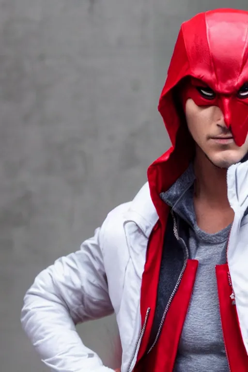 Prompt: red hood cosplay, white jacket
