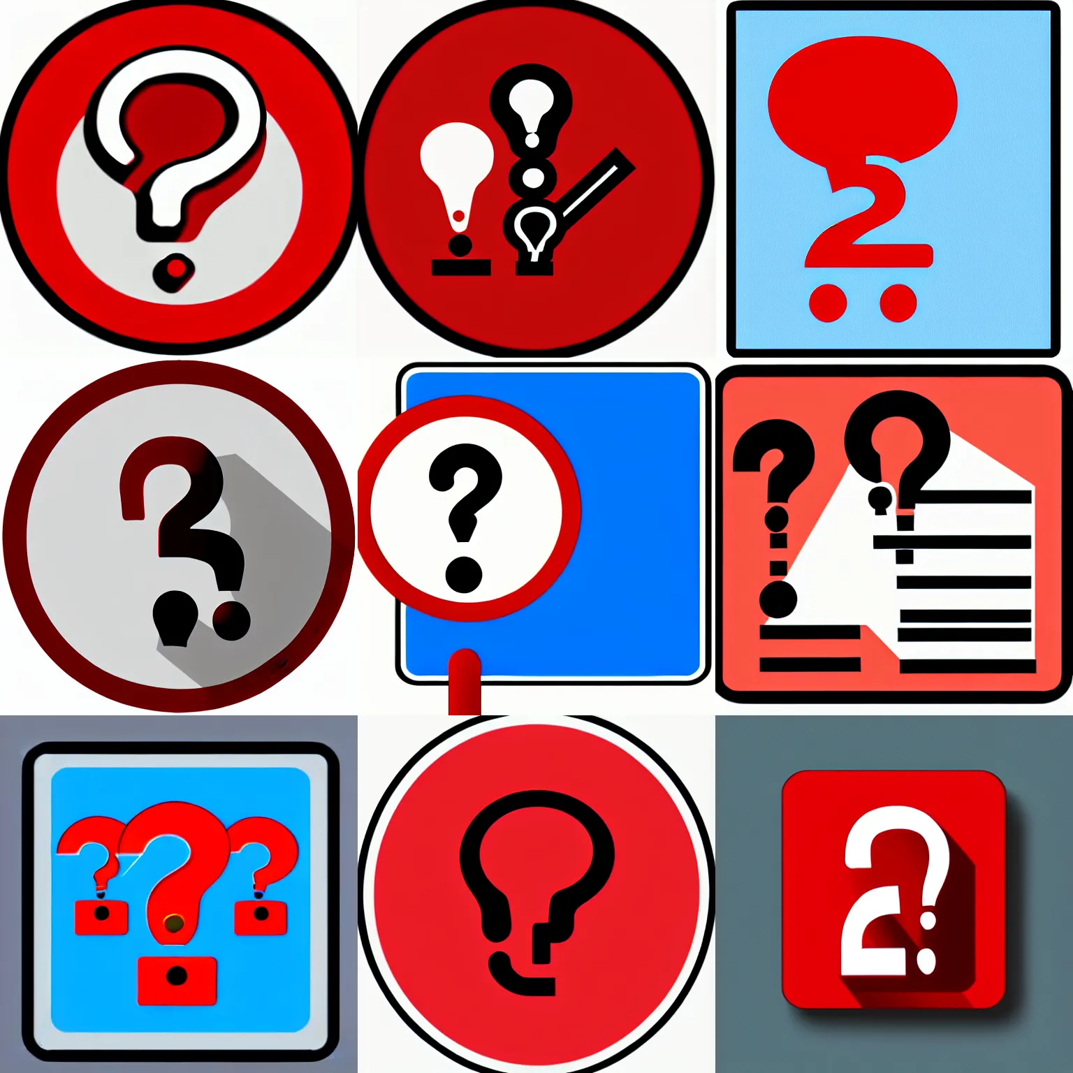 Prompt: a clip art icon of a red question sign