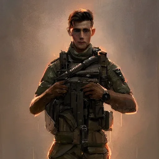 Image similar to Portrait of a man by Greg Rutkowski, he is about 20 years old, short copper hair, attractive, military composure, younger brother vibes, he is wearing futuristic military fatigues, highly detailed portrait, digital painting, artstation, concept art, smooth, sharp foccus ilustration, Artstation HQ.