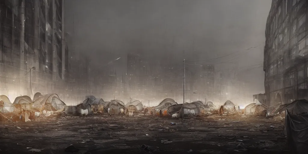 Prompt: dystopian city with endless refugees tents on different heights of huge ruined buildings, night lights, rain and haze, concept art, intricate, photorealistic, octane render, rtx, hdr, unreal engine