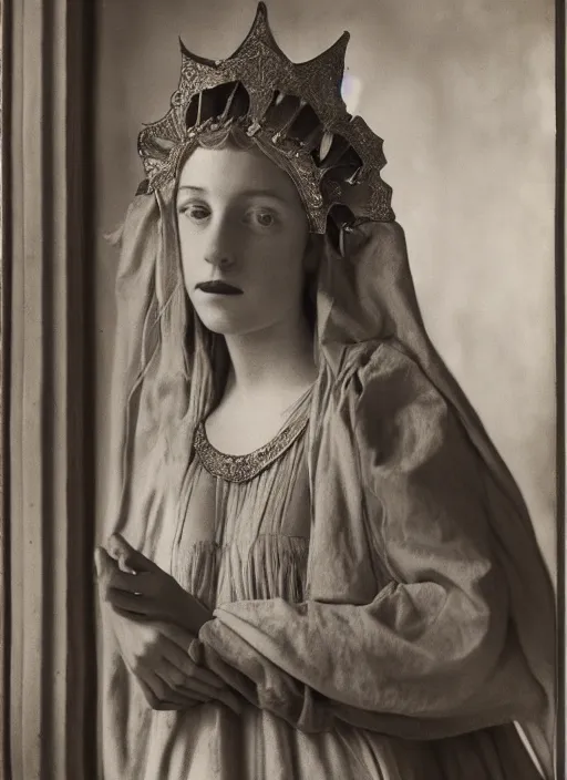 Image similar to portrait of young woman in renaissance dress and renaissance headdress, art by imogen cunningham