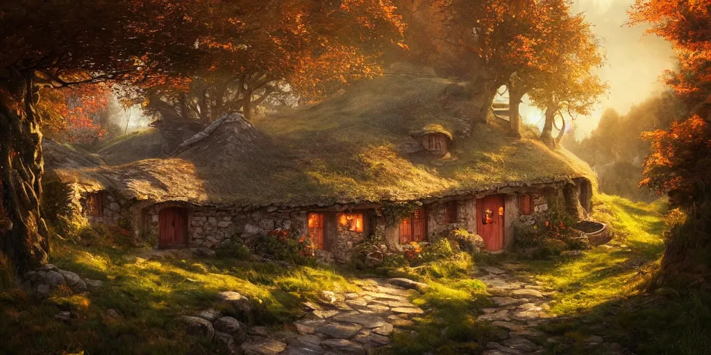 Image similar to a hobbit cottage on top of a steep hill, greg rutkowski, zabrocki, moebius, karlkka, jayison devadas, highly detailed, autumn sunlights, smoky atmosphere, ( ray of sunlight ), trending on artstation, 8 k, ultra wide angle, zenith view, pincushion lens effect