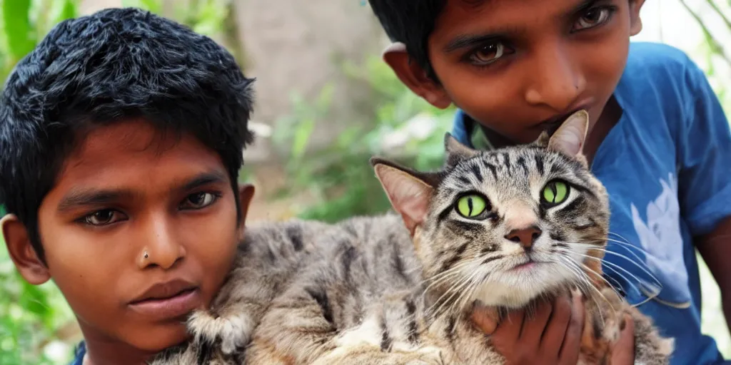Image similar to sri lankan kid with cat, looking at camera, closeup, drawn by hayao miyazaki