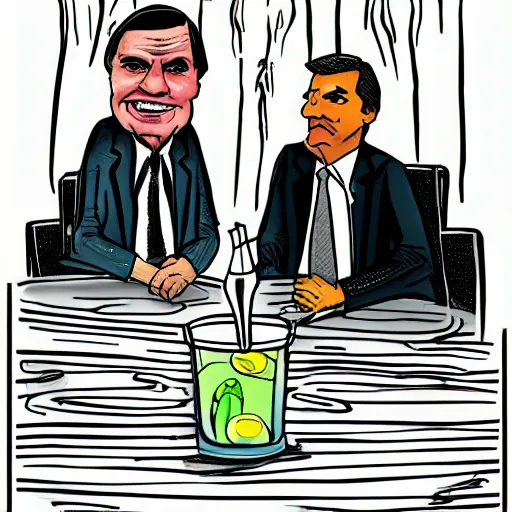 Image similar to cartoon drawing of Bolsonaro and Lula together drinking a lemon drink with Rio de Janeiro mountains on the background