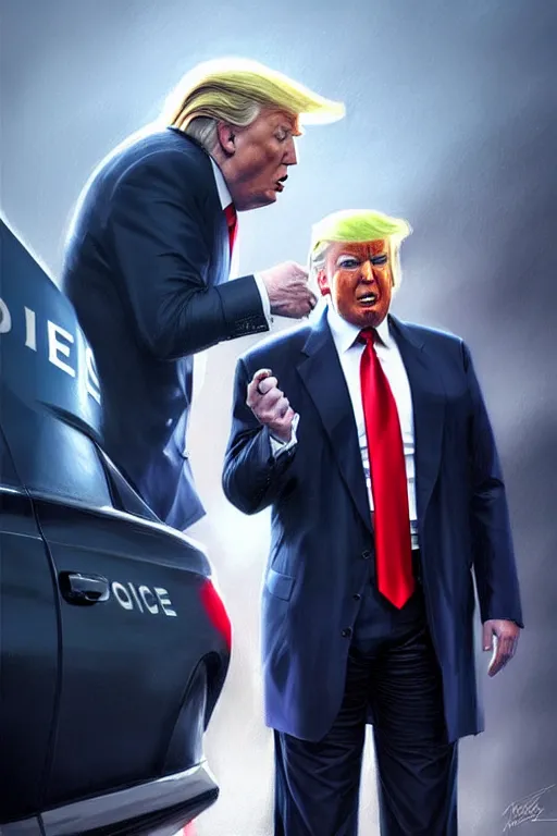 Image similar to donald trump being handcuffed by a police officer front of a police car, elegant, real life skin, intricate, high detailed, artstation, concept art, smooth, sharp focus, art by artgerm and greg rutkowski