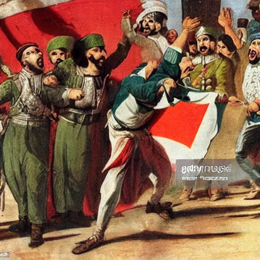 Image similar to a Propaganda image of a Tunisian man screaming at the Ottoman Sultan,