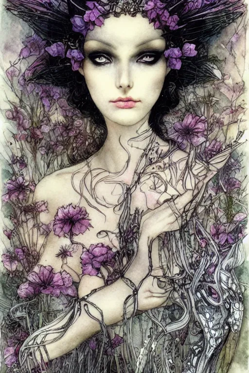 Image similar to dark fairy queen closeup face surrounded by floral frame, art by luis royo and walter crane and kay nielsen, watercolor illustration, sharp focus