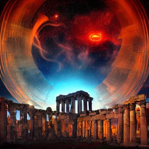 Prompt: a colossal gigantic glowing orange jellyfish hovering beneath a portal in the sky, tendrils hanging towards the ground, galaxies and stars in a stylized sky at twilight, ancient ruins in the foreground, ancient cities in the background, digital art