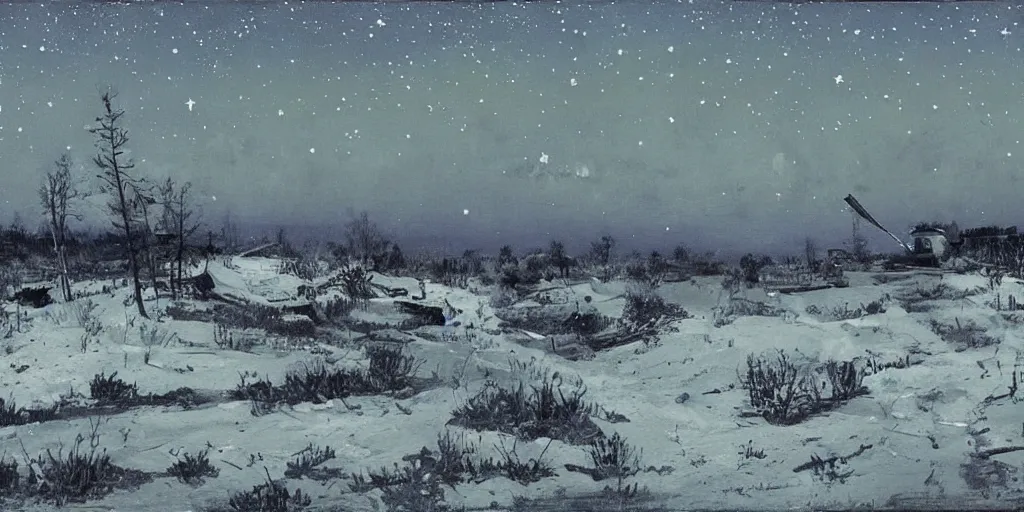 Prompt: A WW2 battlefield, nighttime, winter, calm, stars, shooting star, painting by Isaac Levitan