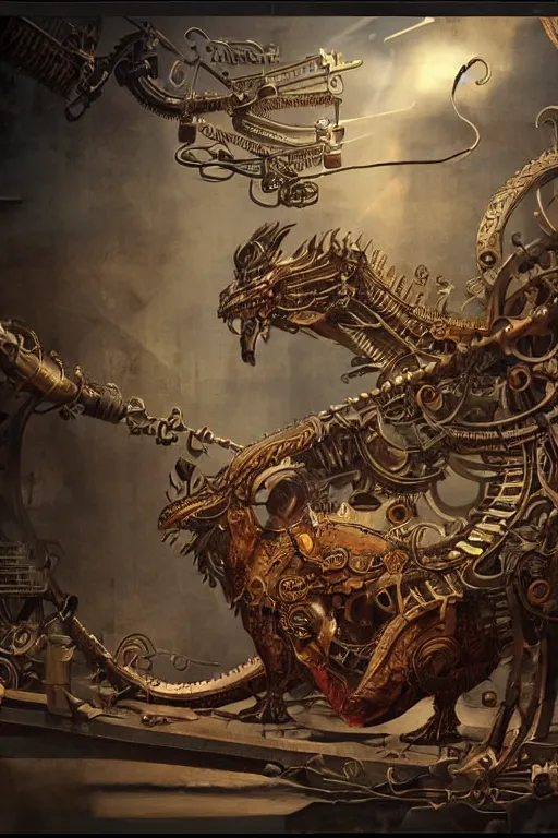 Image similar to illustration, old sick gold and crimsoned scaled asian style dragon on a steam punk plank of machinery with wires and gears and steam punk apparatus, matte painting, style of studio ghibli, featured in artstation and artgerm and pixiv, award winning, cinematic, intricate, 8 k