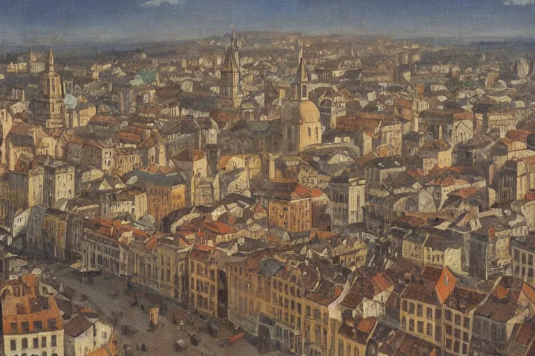 Image similar to birds view of an old european city, oil paining, very detailed, high resolution