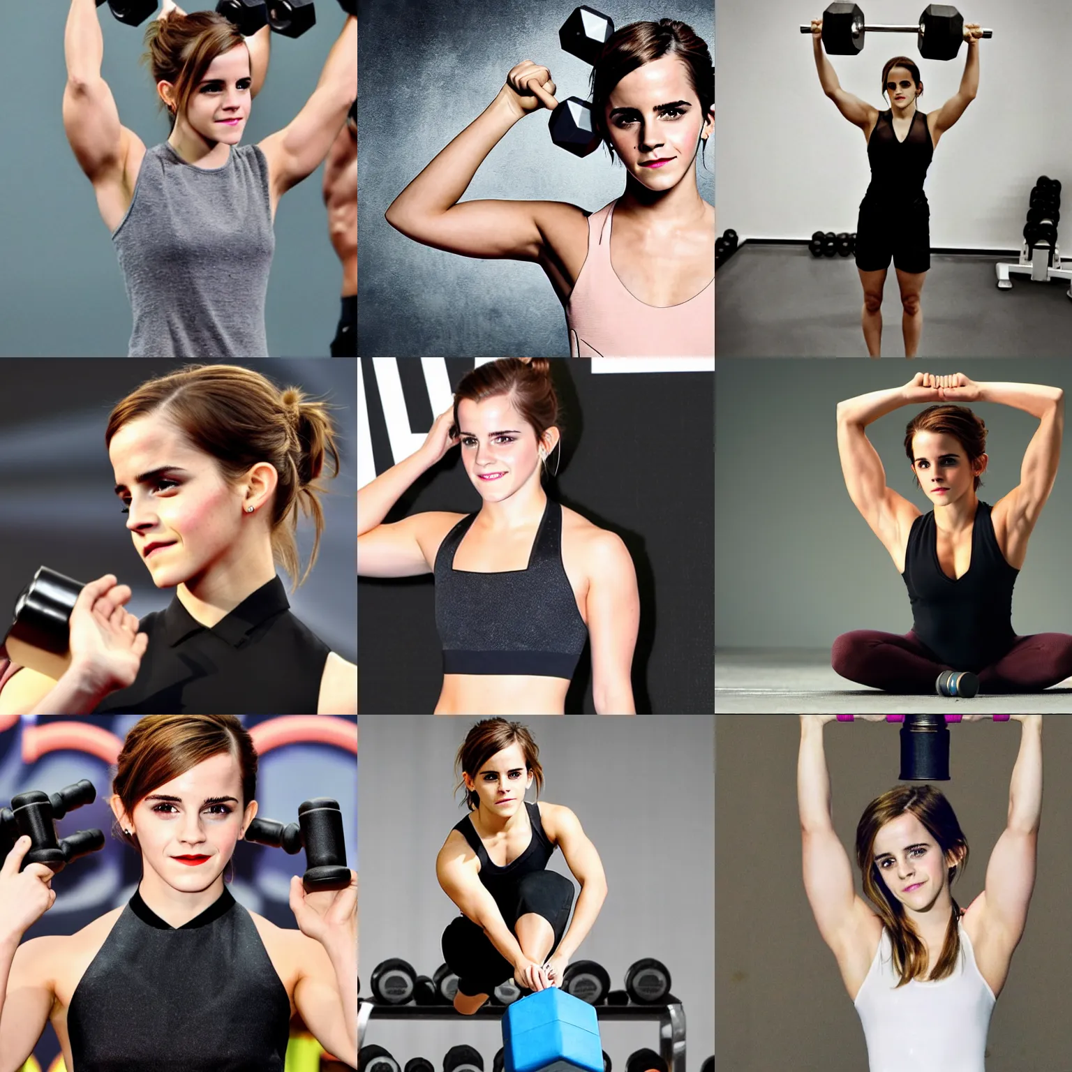 Prompt: emma watson holding a dumbbell above her head