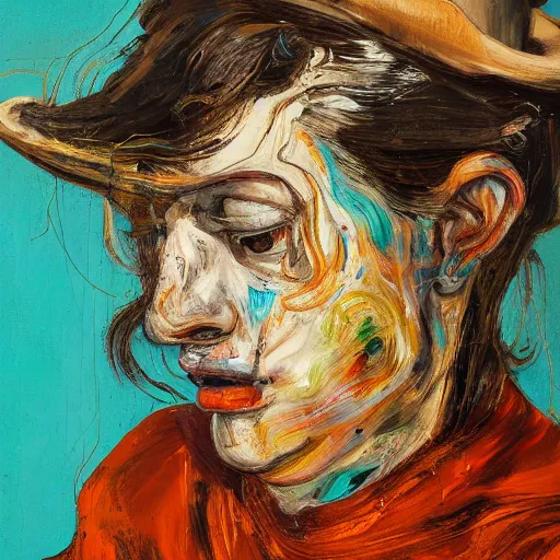 Image similar to high quality high detail expressionist painting of a woman on horseback by lucian freud and jenny saville and francis bacon and nicola samori, hd, anxiety, turquoise and orange