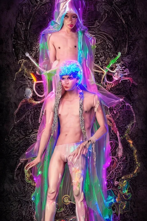 Prompt: full-body rococo and cyberpunk delicate neon crystalline sculpture of ((muscular slender albino prince Zayn Malik con la piroca dura)) as an iridescent humanoid deity wearing a thin see-through ((plastic hooded cloak)) sim roupa (holding a human skull), reclining con (((las piernas abiertas))), glowing pink face, crown of (((white lasers))), large diamonds, swirling black silk fabric. futuristic elements. oozing glowing liquid, full-length view. space robots. intricate artwork by caravaggio. Trending on artstation, octane render, cinematic lighting from the right, hyper realism, octane render, 8k, depth of field, 3D