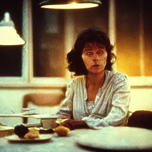 Image similar to film still of soviet movie still a soviet woman sitting at a table next to the window with food, dark warm light, a character portrait by margarita terekhova, movie stalker solaris film still by andrei tarkovsky, 8 k, close - up bokeh, gelios lens, color, noir