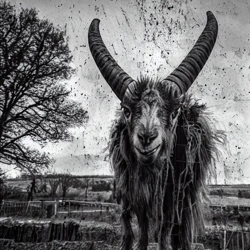 Image similar to horror, moody, still from film, daytime, muddy village square, wide shot, huge, roaring mutant goat monster, powerful, stumpy legs have human hands instead of hoofs, filthy jagged teeth in gaping mouth, matted dirty fur, in muddy medieval village square