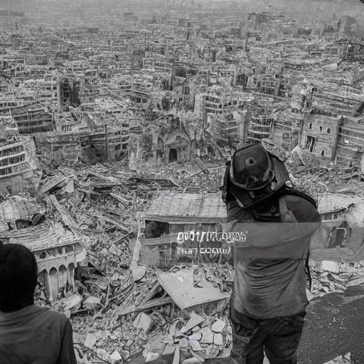 Prompt: a city is getting destroyed and buildings and palaces are collapsing a man from higher elevation looking at city while fire is everywhere and dead bodies and broken buildings are everywhere detailed