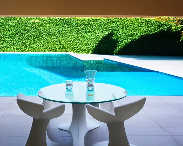 Prompt: 5 5 mm photo of cocktail glass on a zen minimalist round white table with gorgeous pool in the background. highly detailed 8 k. intricate. lifelike. soft light,