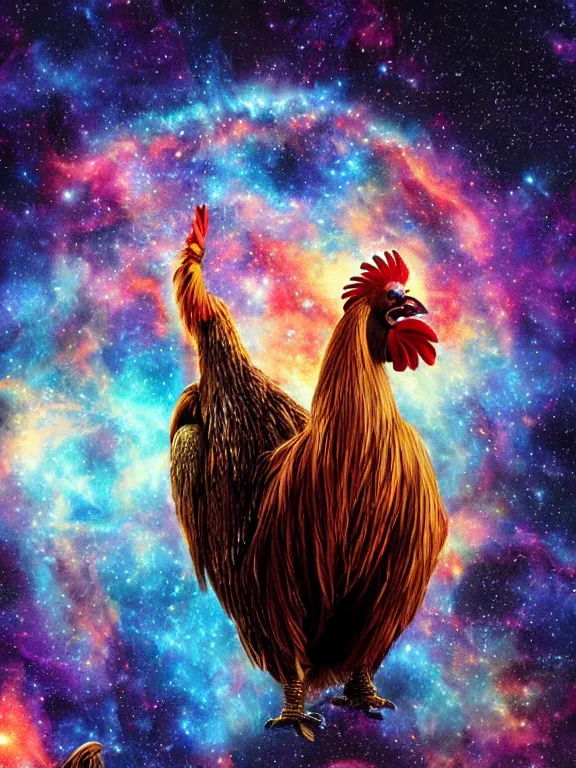 Image similar to a lone giant majestic rooster, centered, floating in space, center of the universe, \ galaxy cosmic nebula, epic, volumetric light, hyperrealistic, glitter, mega detailed, beautiful composition, beautiful lighting, unreal render, 4 k, vincent di fate, john berkey, michael whelan