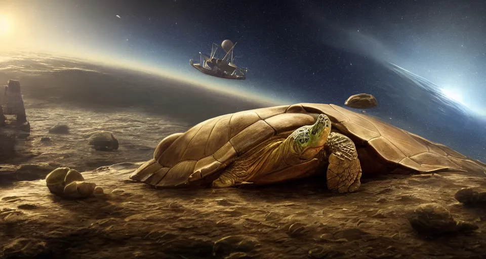 Prompt: flat earth on the back of a colossal turtle in space, realistic, matte painting, unreal engine, 8k, wide angle, f12, anders zorn, thomas kincade, trending on artstation