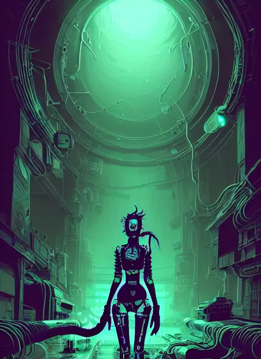 Image similar to highly detailed portrait of an moody wasteland punk long dripping green poison hair tribal lady, stray wiring by atey ghailan, james gilleard, by joe fenton, by greg rutkowski, by greg tocchini, by kaethe butcher, 4 k resolution, gradient purple, brown black and white color scheme!!! ( ( green flaming robotic sewer background ) )