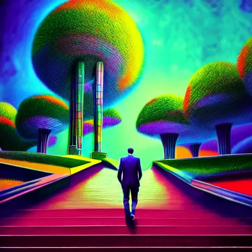 Image similar to photo - realistic, painting of a man walking alone in the boulevard of psychedelic dreams, trippy stairs in the background highly detailed, hyper detail, sharp, in the style of beeple, mobeius, rule of thirds, unreal engine trending on artstation