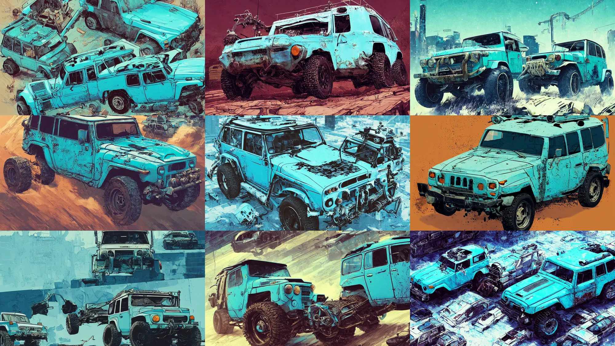 Image similar to digital illustration of a futuristic faded cyan mad max's fj 4 0 decrepit!!!! pursuit special, rusty!!! cyberpunk nissan fj cruiser heavily modded 1 9 9 0 s, the last v 8 interceptor by makoto shinkai, ilya kuvshinov, lois van baarle, rossdraws, basquiat