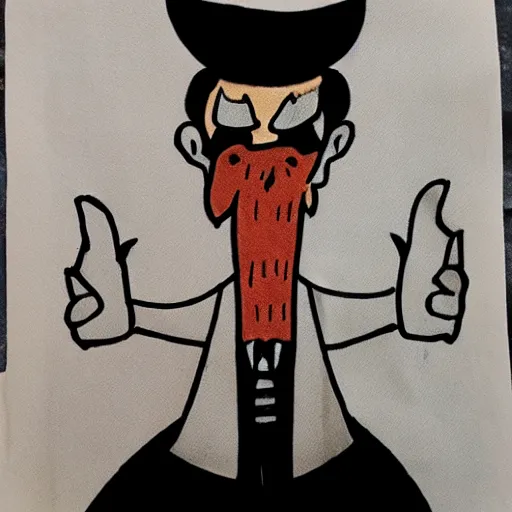 Prompt: hand-drawn doodle of Dracula using the toilet on the back of a napkin