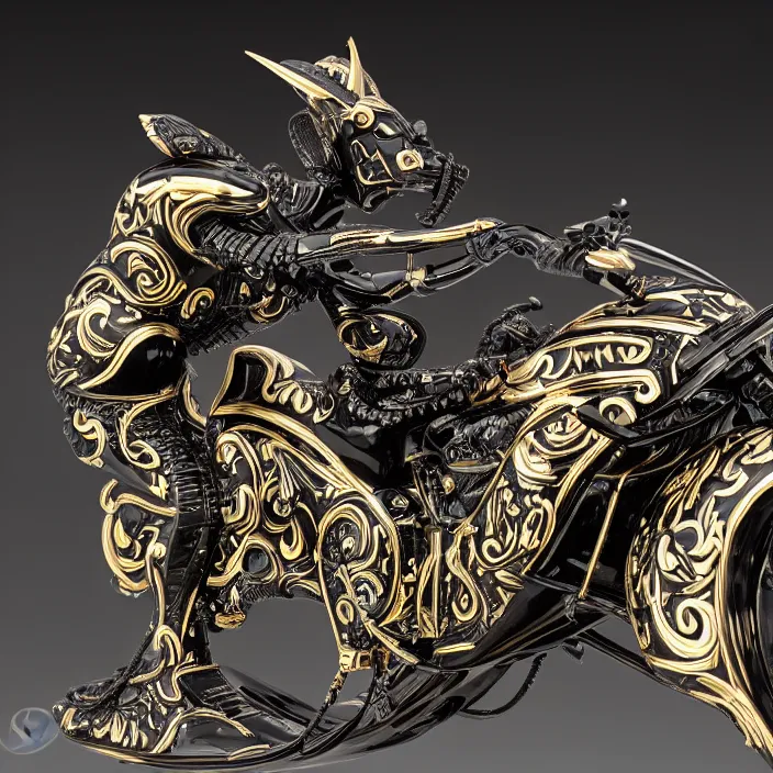 Image similar to fine art statue of masculine black egyptian god on a surrealist motorcycle, ebony art deco, carved black marble, inlaid with ebony and gold accents, ebony rococo, wings black lace wear, by spider zero, zaha hadid, beautifully lit, hyper detailed, intricate, elite, ornate, photorealistic, micro details, ray trace