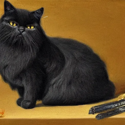 Prompt: fine art portrait of a black persian cat staring contemptuously at people oil paint, variety of different brushstrokes and combining colors in perfect harmony, baroque style, year 1 6 5 6, painted directly without drawing, highlighting the difference between the illusion of art and the reality of life.