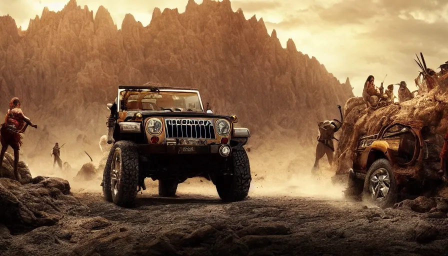 Prompt: Mahindra thar, tribe members attacking, action scene, an epic fantasy, dramatic lighting, cinematic, establishing shot, extremely high detail, photorealistic, cinematic lighting, artstation, by christopher nolan, horizon forbidden west