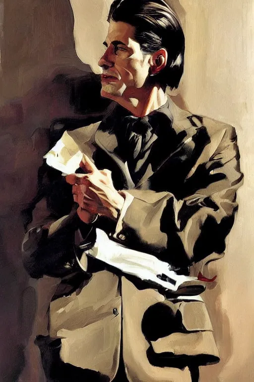 Prompt: dale cooper, painting by jc leyendecker!! phil hale!, angular, brush strokes, painterly, vintage, crisp