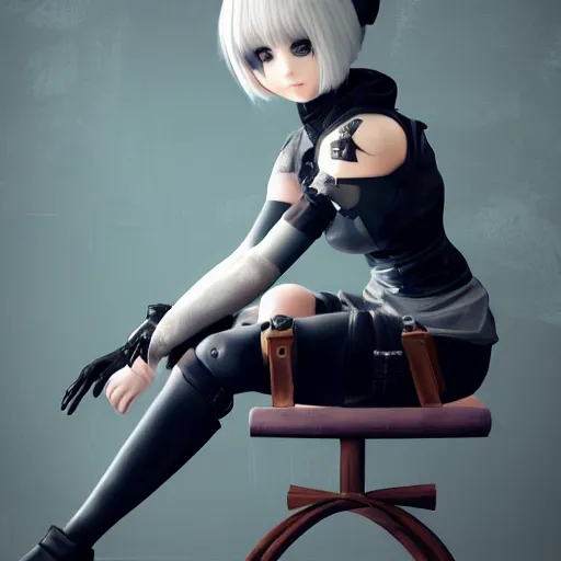 Prompt: a girl inspired from 2b from nier automata, sitting on a chair, 4k ultra realistic, trending on artstation concept, professional art, full body from head to feet