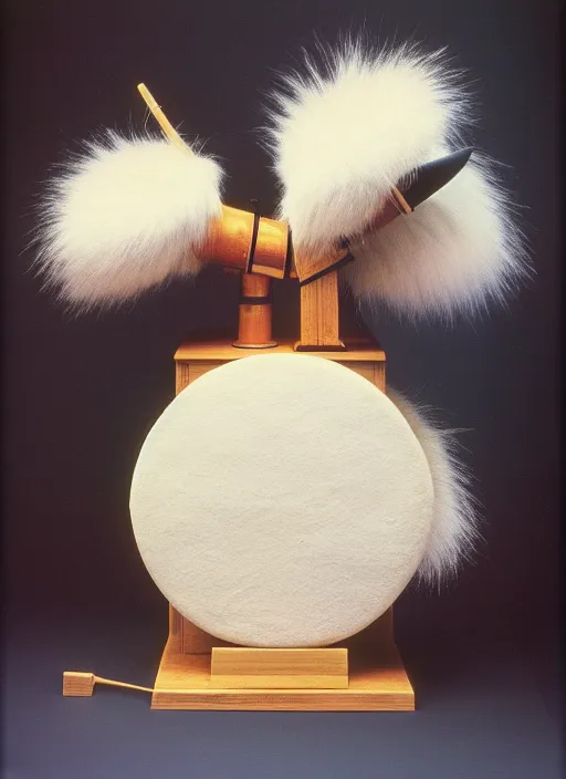 Image similar to realistic photo of a a medieval astronomy appliance model equipment gadget, made of wood white clay and fur with black wires 1 9 9 0, life magazine reportage photo, natural colors, metropolitan museum collection