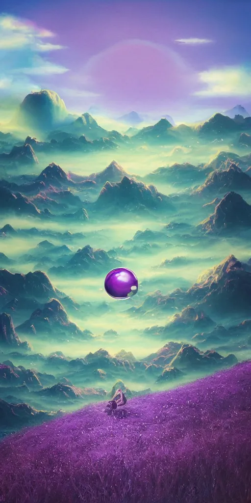 Prompt: bubbles with hiragana characters inside floating around an alien landscape, looming surreal mountains in background, purple foliage, green sky, red grass, cinematic lighting, detailed oil painting, 8k