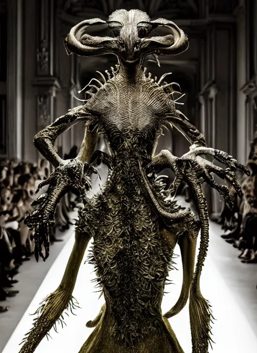 Image similar to walking down the catwalk, tim walker, show, stage, vogue photo, podium, fashion show photo, historical baroque dress dark, iris van herpen, beautiful woman, masterpiece, intricate, biopunk, vogue, full body shot, alien, plant predator, guyver, highly detailed