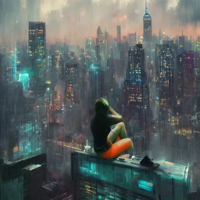 Prompt: a girl!!!! sitting on a solid ledge overlooking a futuristic new york city below, looking at phone screen, ghostpunk, neon lights, storm clouds, rain falling, detailed background, by craig mullins, by jc leyendecker, by james jean