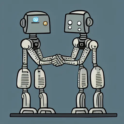 Image similar to two robots shaking hands with each other, an illustration of by tom gauld, behance contest winner, les automatistes, future tech, sci - fi, quantum wavetracing