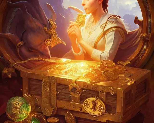 Image similar to open treasure chest with the greatest riches on earth, deep focus, d & d, fantasy, intricate, elegant, highly detailed, digital painting, artstation, concept art, matte, sharp focus, illustration, hearthstone, art by artgerm and greg rutkowski and alphonse mucha