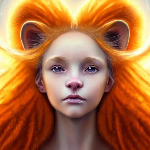 Image similar to Portrait of a girl angel with pale orange colored frizzy strands of illuminated hair, cat ears on her head, glowing halo, Lion's Mane, Lion's Gate, 8/8, fantasy, intricate, elegant, highly detailed, digital painting, artstation, concept art, smooth, sharp focus, illustration, art by Krenz Cushart and Artem Demura and alphonse mucha