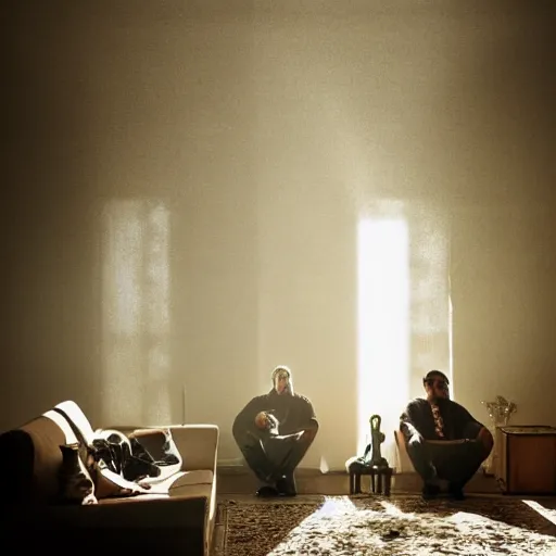 Image similar to gang members chilling around dirty couch in a beige room thick volumetric dust god rays shines through cheap blinds kinda atmosphere jonathan zawada style photography