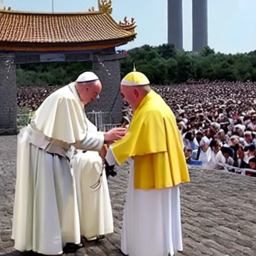 Image similar to pope francis baptizing a minion in a buddhist pagoda nuclear power plant