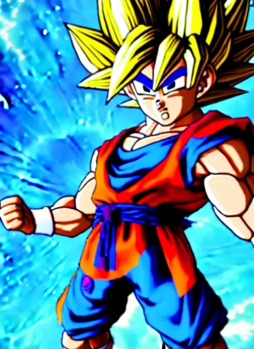 Image similar to game still of a sayan goku as a fortnite skin in fortnite by fortnite, pose.