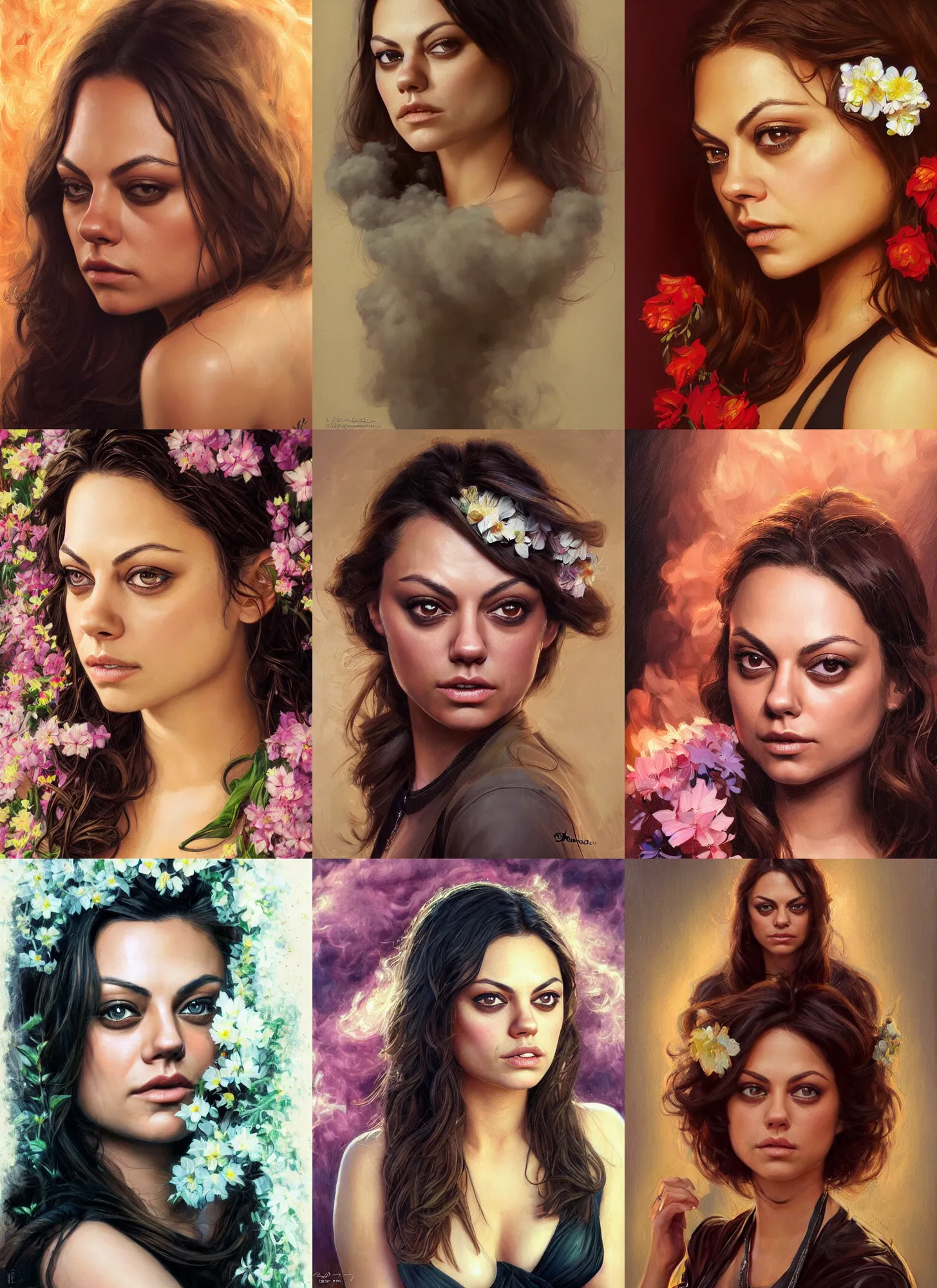 Prompt: sophisticated portrait of Mila Kunis, flower power, thick smoke Paris bar, elegance, highly detailed, shallow depth of field, concept art, Artstation, Artgerm, Donato Giancola, Joseph Christian Leyendecker, WLOP