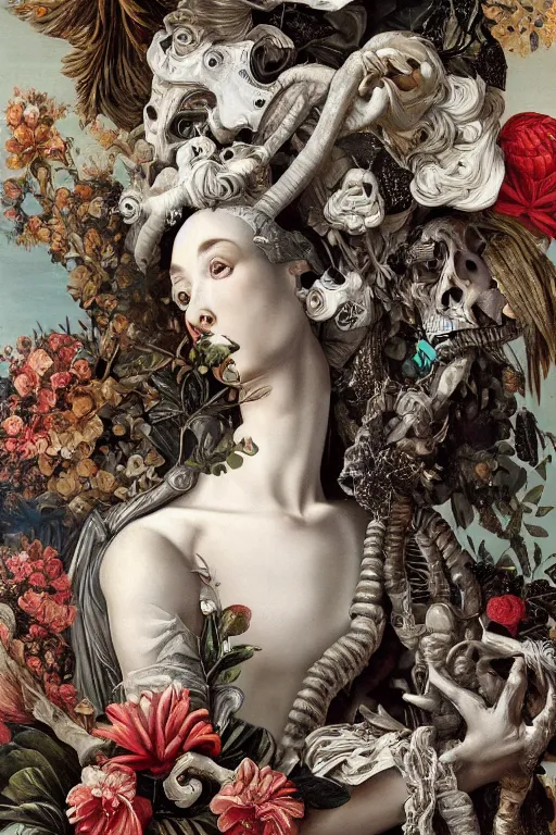 Prompt: Detailed maximalist portrait a greek god with large lips and with large white eyes, exasperated expression, botany bones, Grimm fairy tales, HD mixed media, 3D collage, highly detailed and intricate, surreal illustration in the style of Caravaggio, dark art, baroque