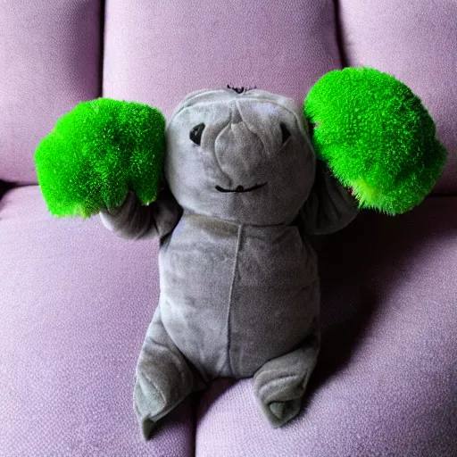 Image similar to plush tardigrade doll with plush broccoli to eat, cute, fluffy, fuzzy, kind, loving, tender