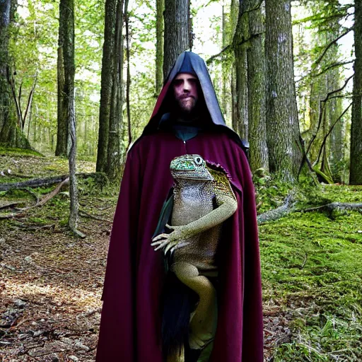 Image similar to medieval cloak wearing anthro lizard, photograph captured in the woods